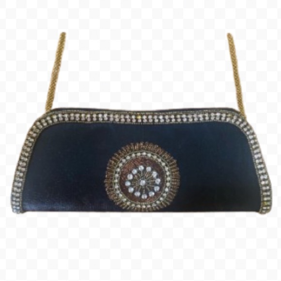 Metro Bagz Handbags - Vintage Metro Bagz Rhinestones Beaded Black Silk Gold Strap Shoulder Clutch